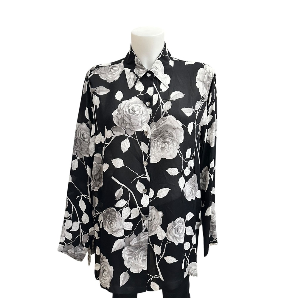 Tesori Black White Floral Chiffon 100% Silk Button down Shirt‎ XS oversized
